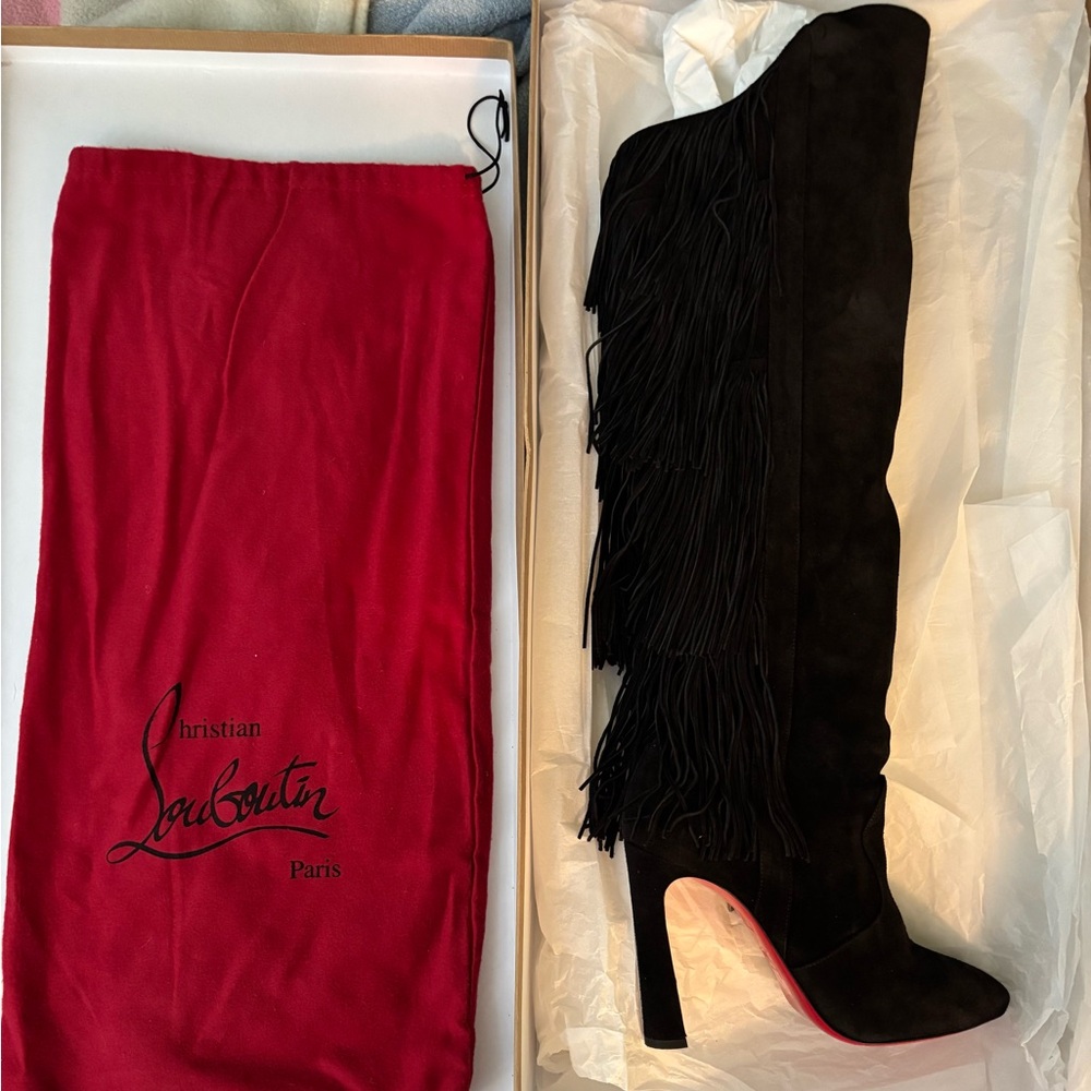 Christian Louboutin black suede Fringe knee high boots. Size 39. Worn for 15min!